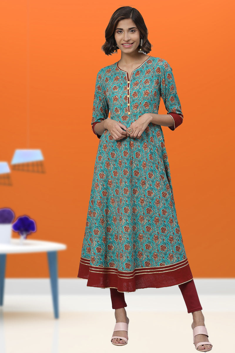 Kantha Floral Print Anarkali Kurta