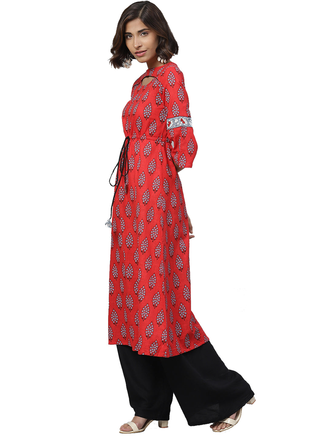 Floral Print Pure Cotton A-line Kurta (Red)