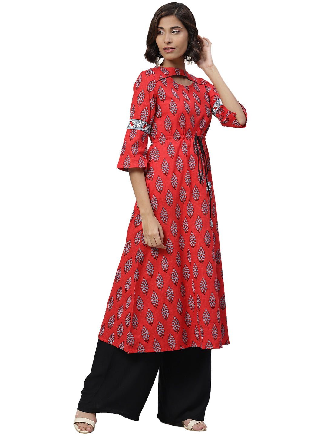 Floral Print Pure Cotton A-line Kurta (Red)
