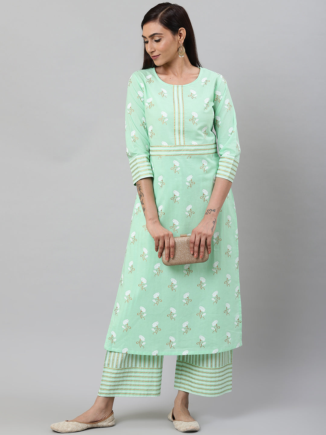 Cotton Green Floral & Stripe Straight Kurta & Palazzo Set (Green)