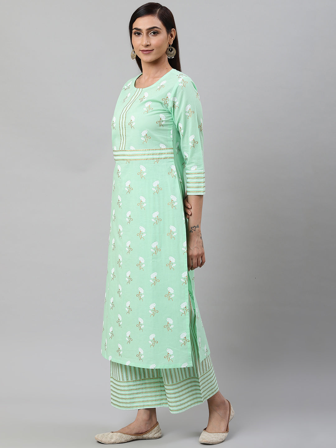 Cotton Green Floral & Stripe Straight Kurta & Palazzo Set (Green)