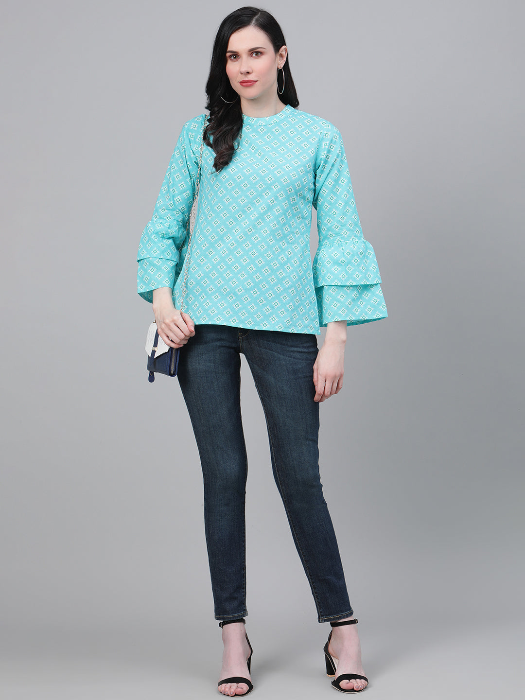 women geomatrical printed casual top sky blue