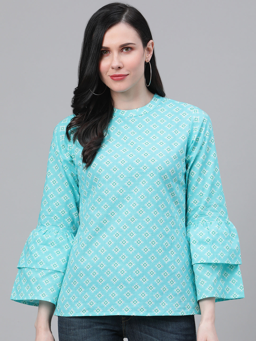 women geomatrical printed casual top sky blue