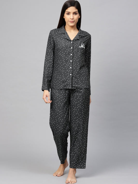 women polka dot printed night suit grey