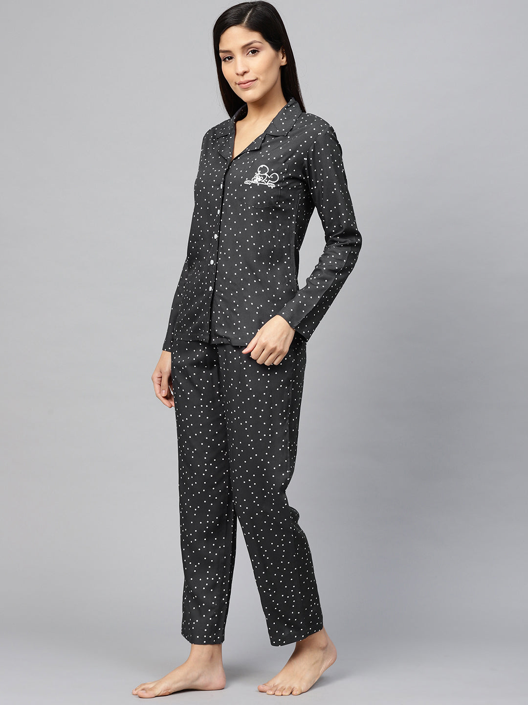 Polka Dot Printed Night Suit (GREY)