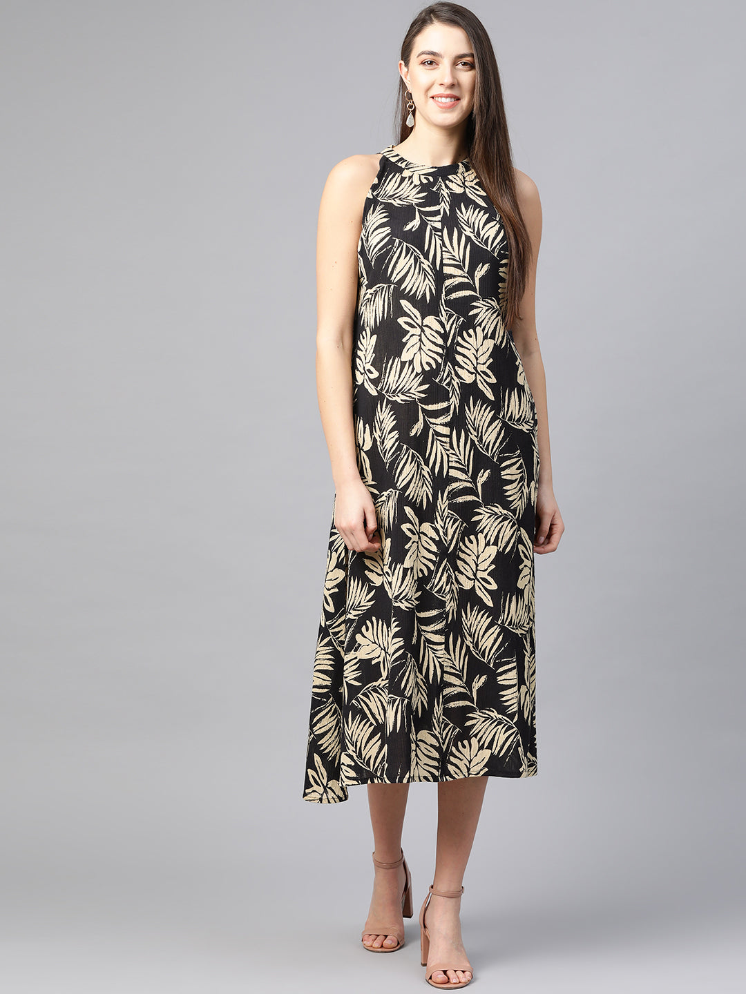 Hot Neck Leaf Print A-line Dress