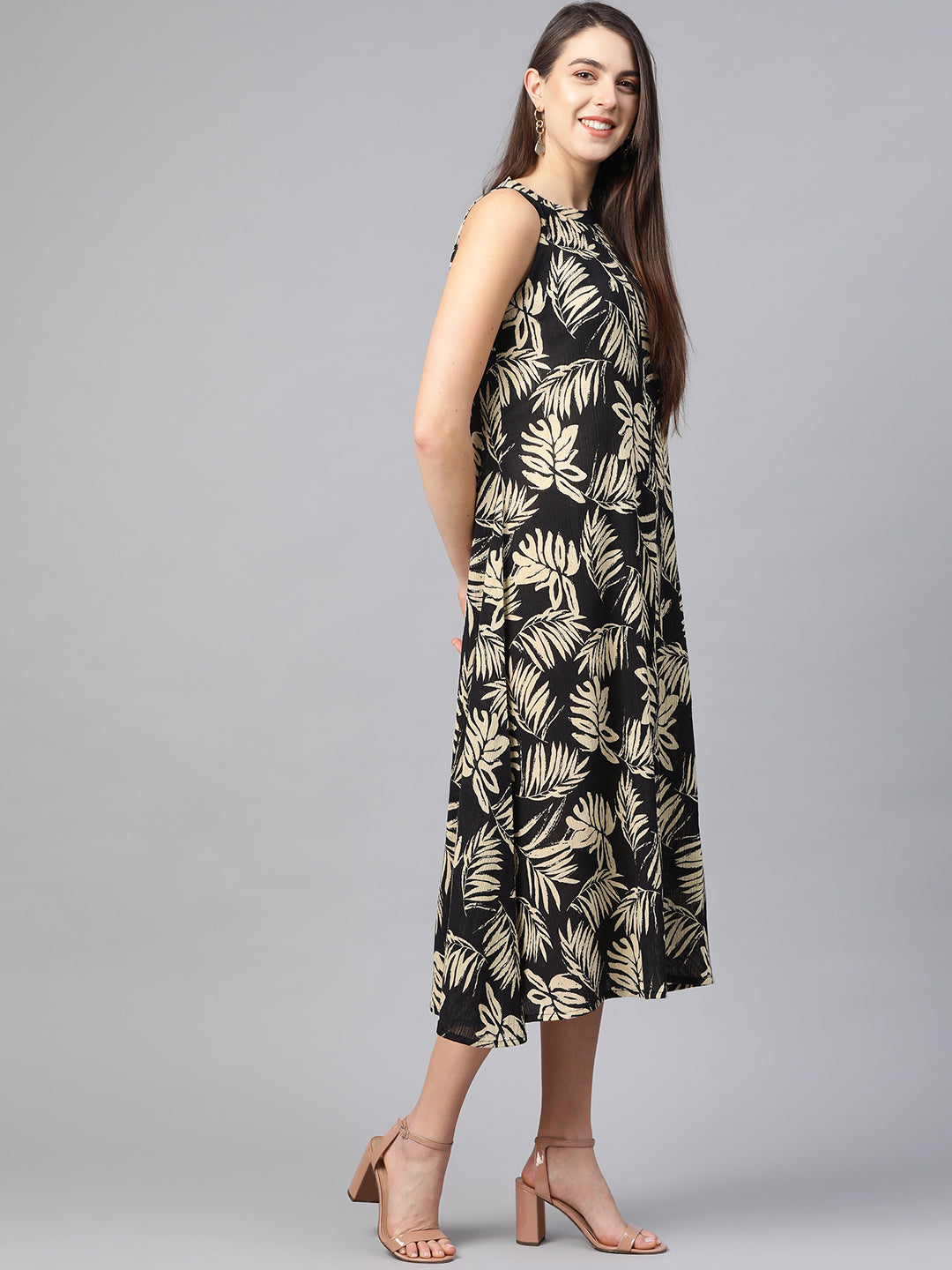 Hot Neck Leaf Print A-line Dress
