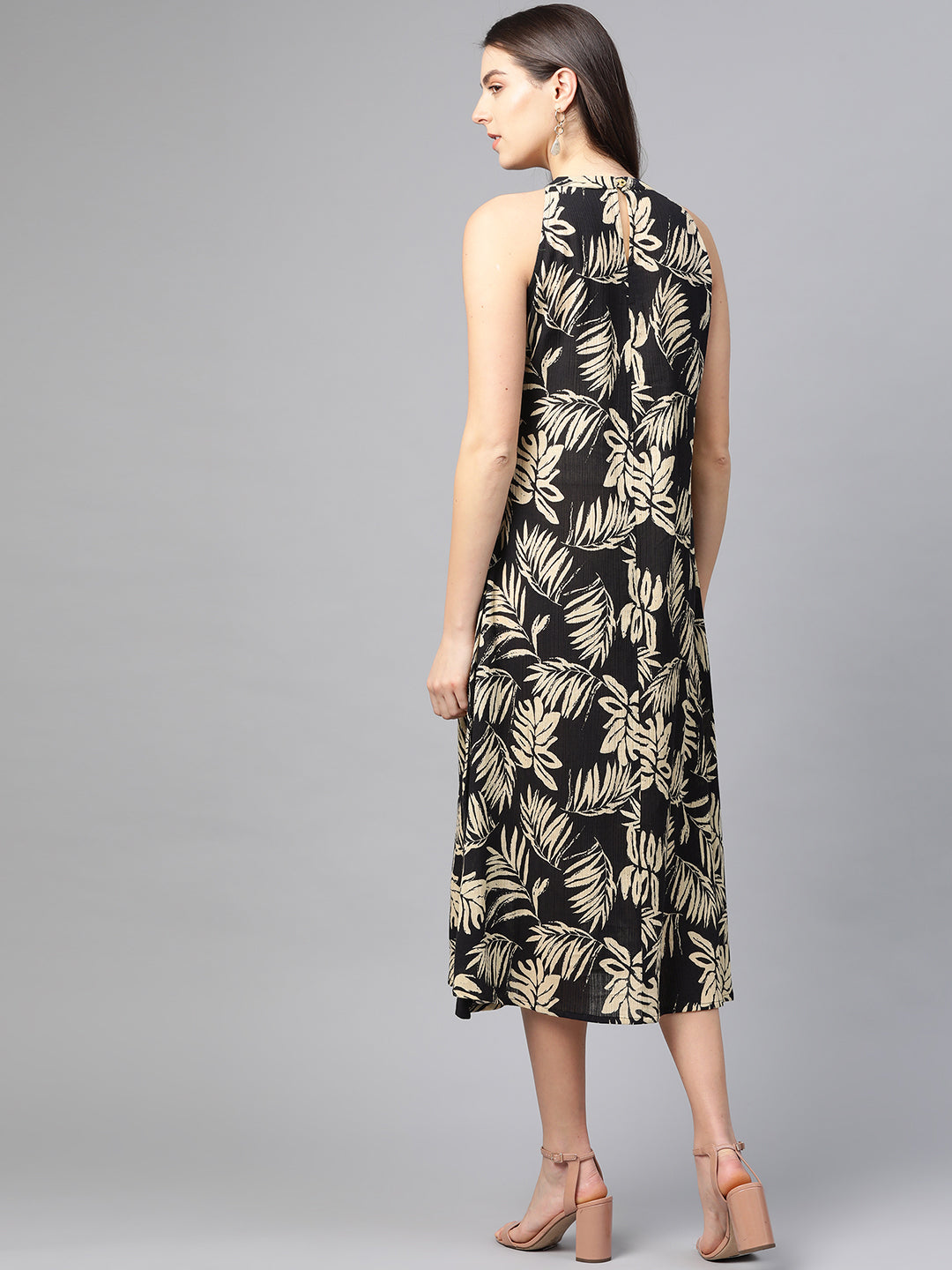 Hot Neck Leaf Print A-line Dress