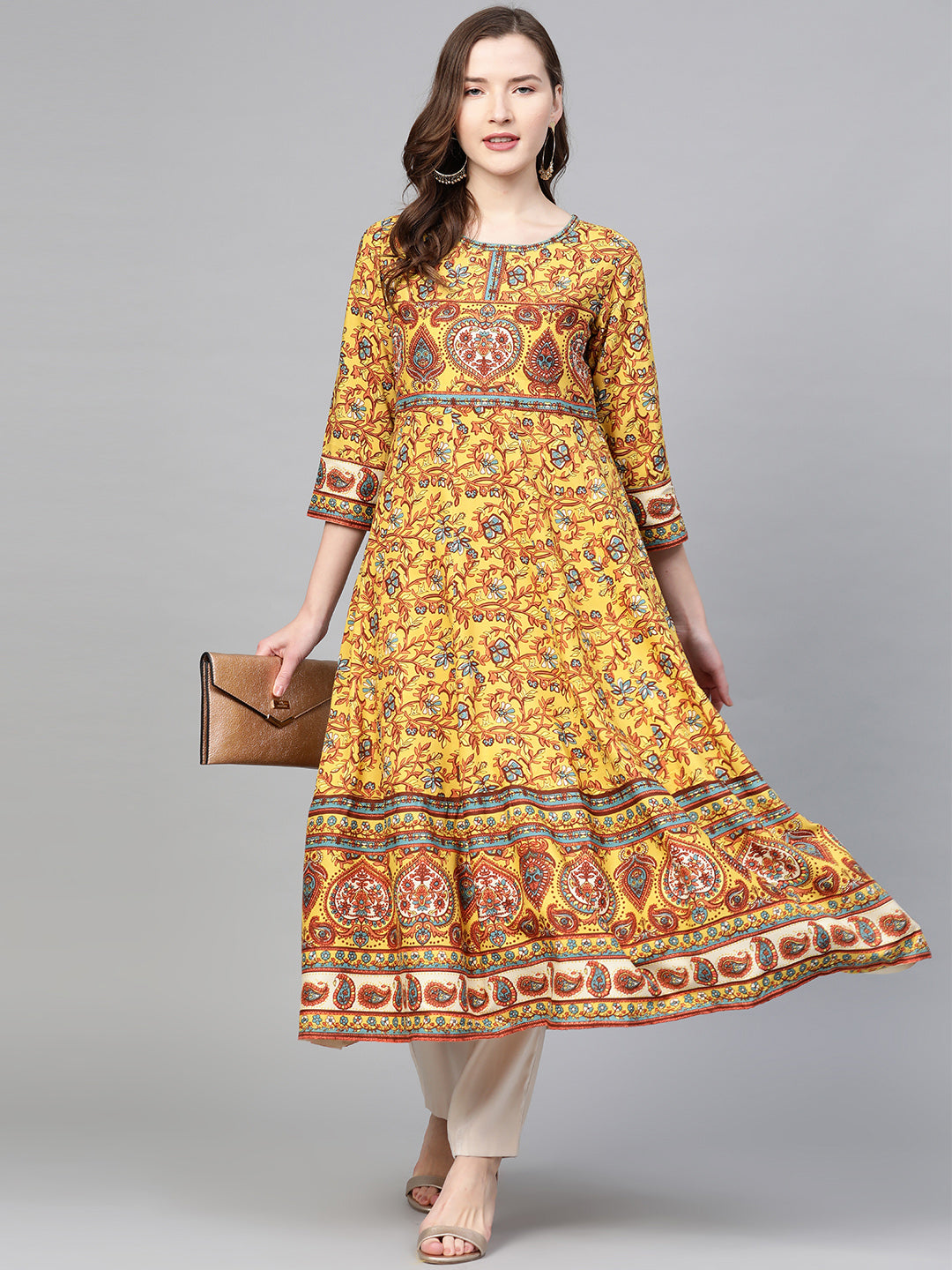 Rayon Floral Printed Anarkali Kurta (MUSTARD)