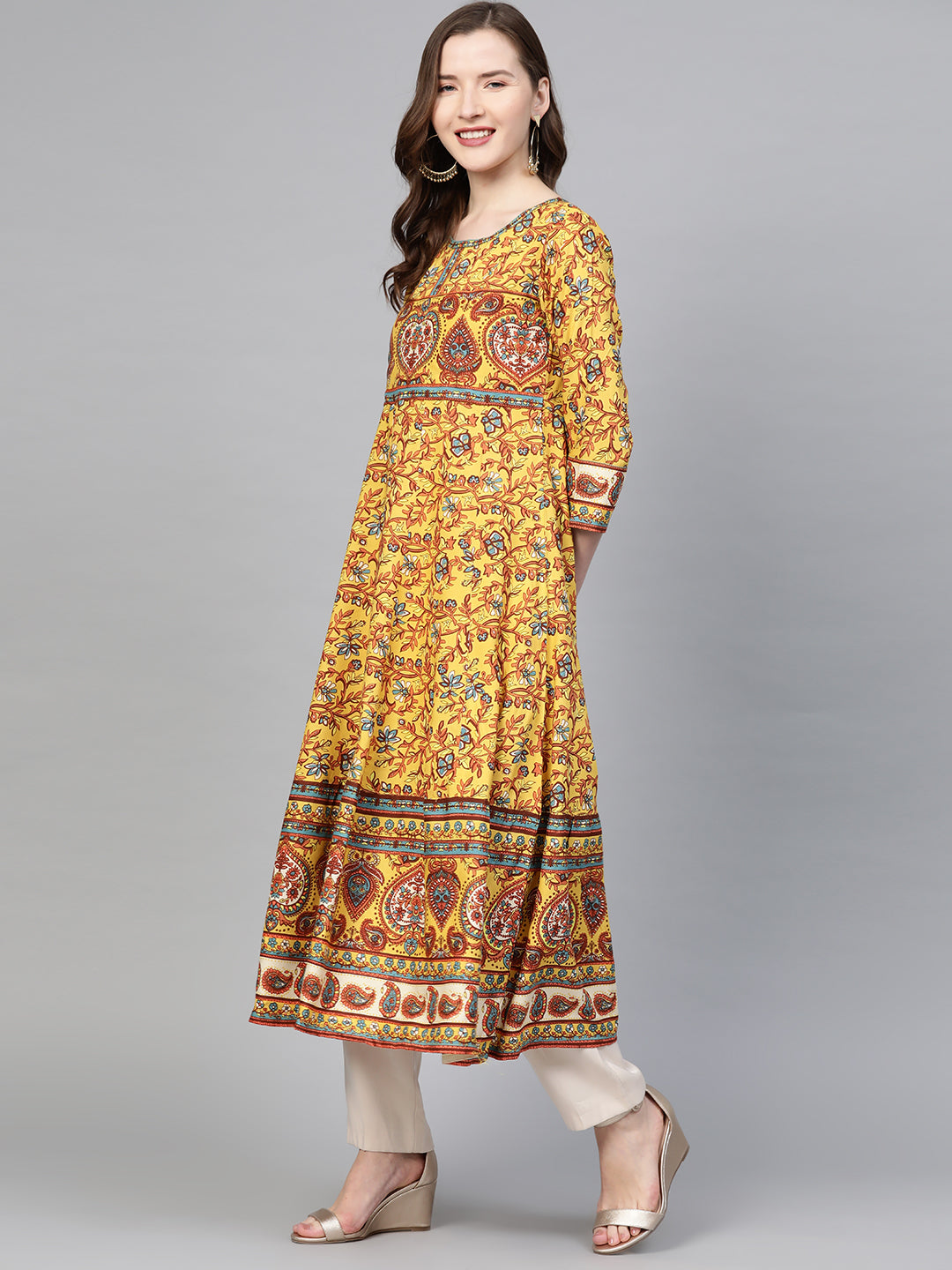 Rayon Floral Printed Anarkali Kurta (MUSTARD)