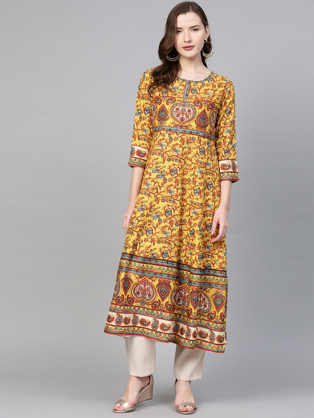 Rayon Floral Printed Anarkali Kurta (MUSTARD)