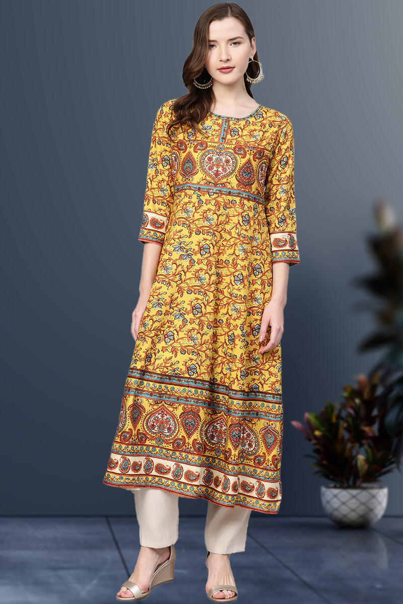 Rayon Floral Printed Anarkali Kurta (MUSTARD)