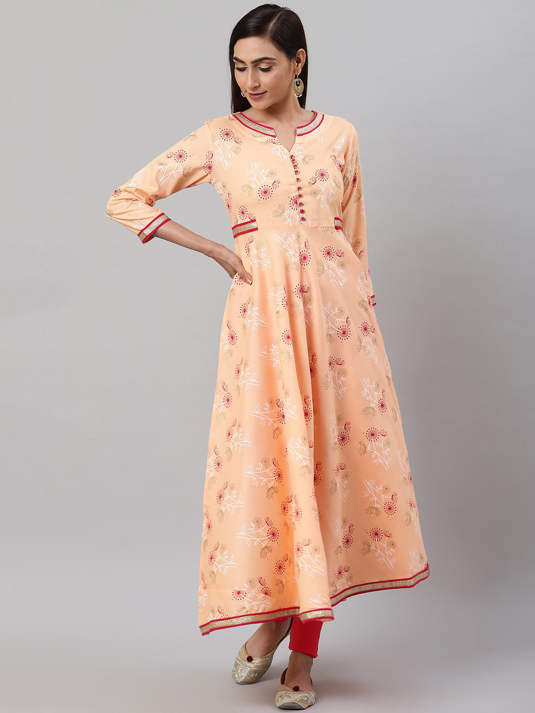 women rayon floral printed anarkali kurta peach