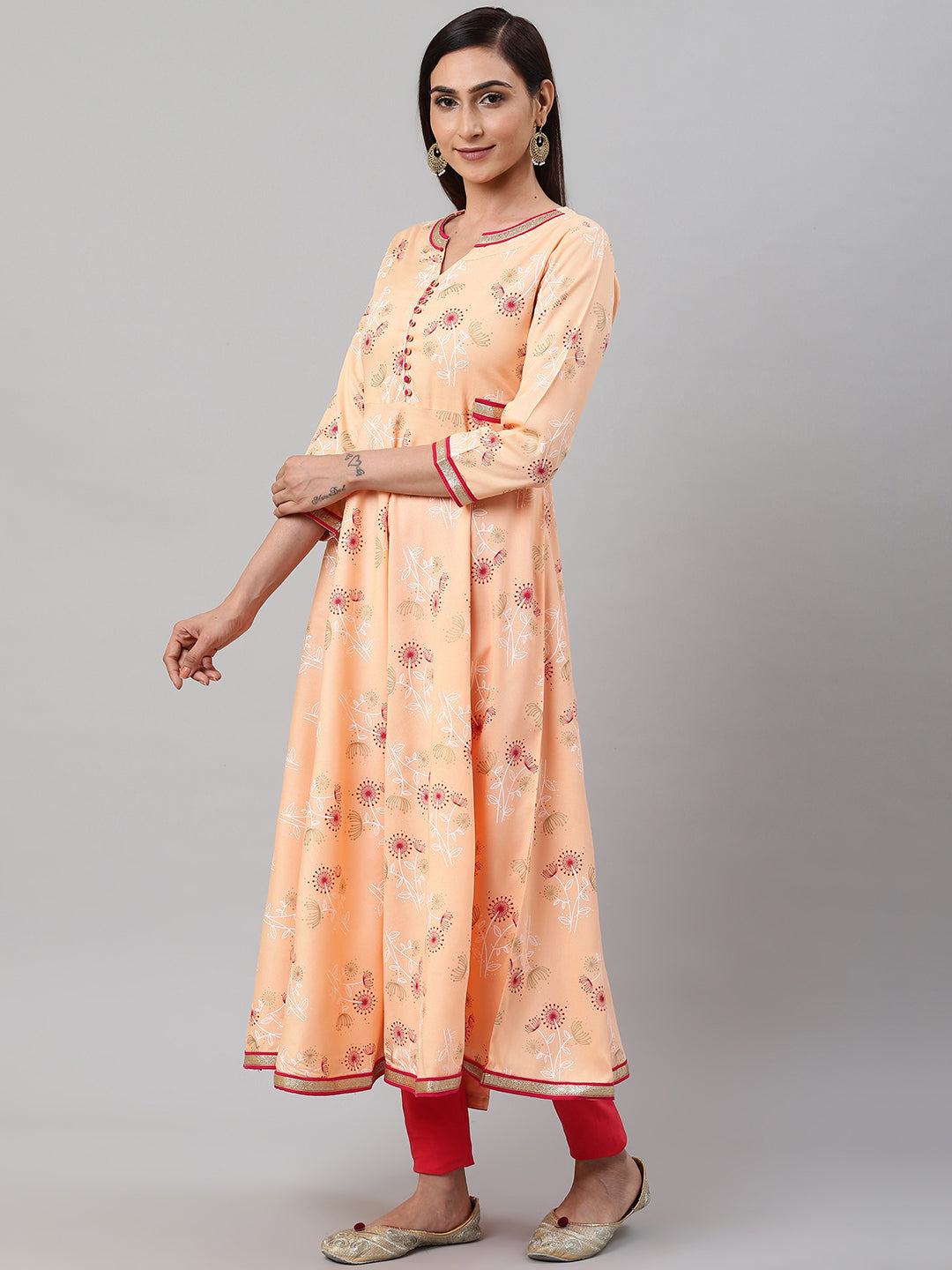 women rayon floral printed anarkali kurta peach
