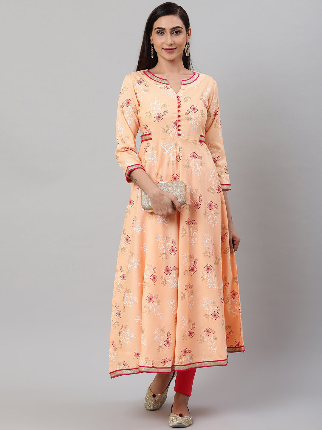 women rayon floral printed anarkali kurta peach