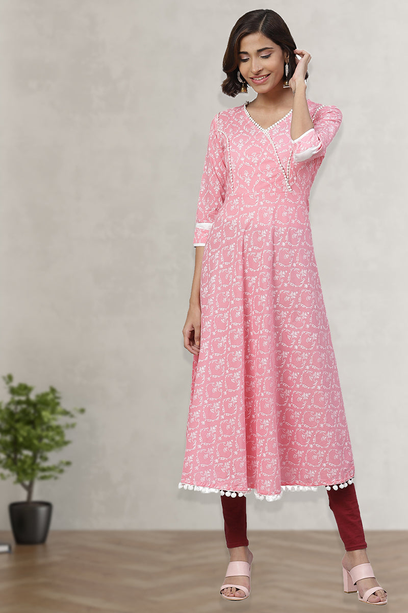 Cotton Floral Print Anarkali Kurta (PINK)