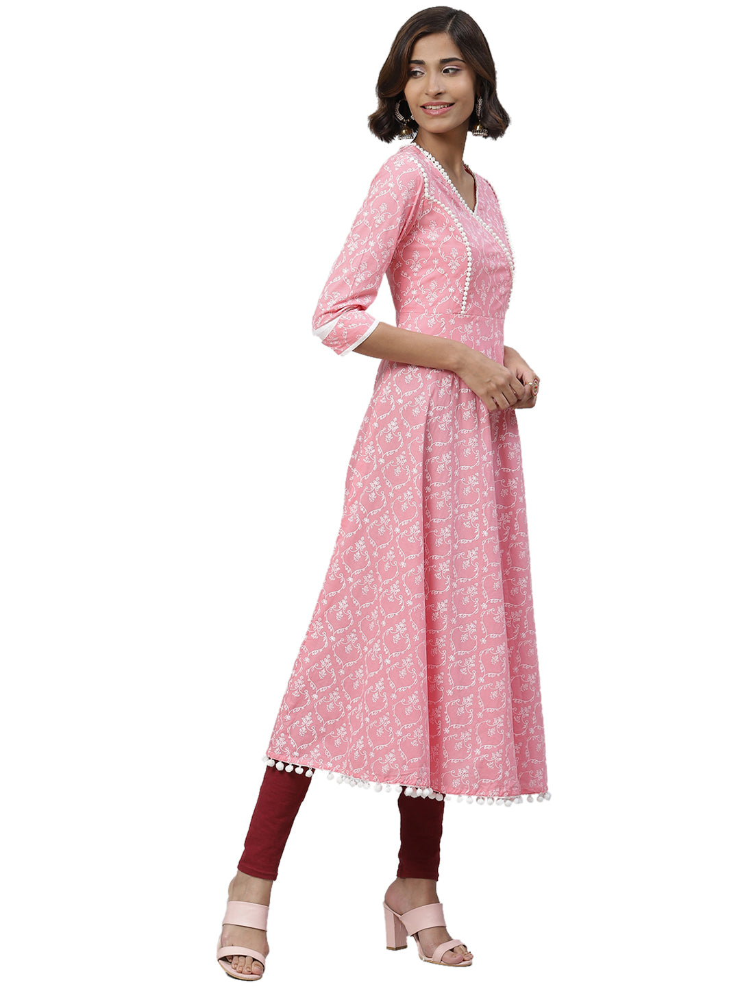 Cotton Floral Print Anarkali Kurta (PINK)