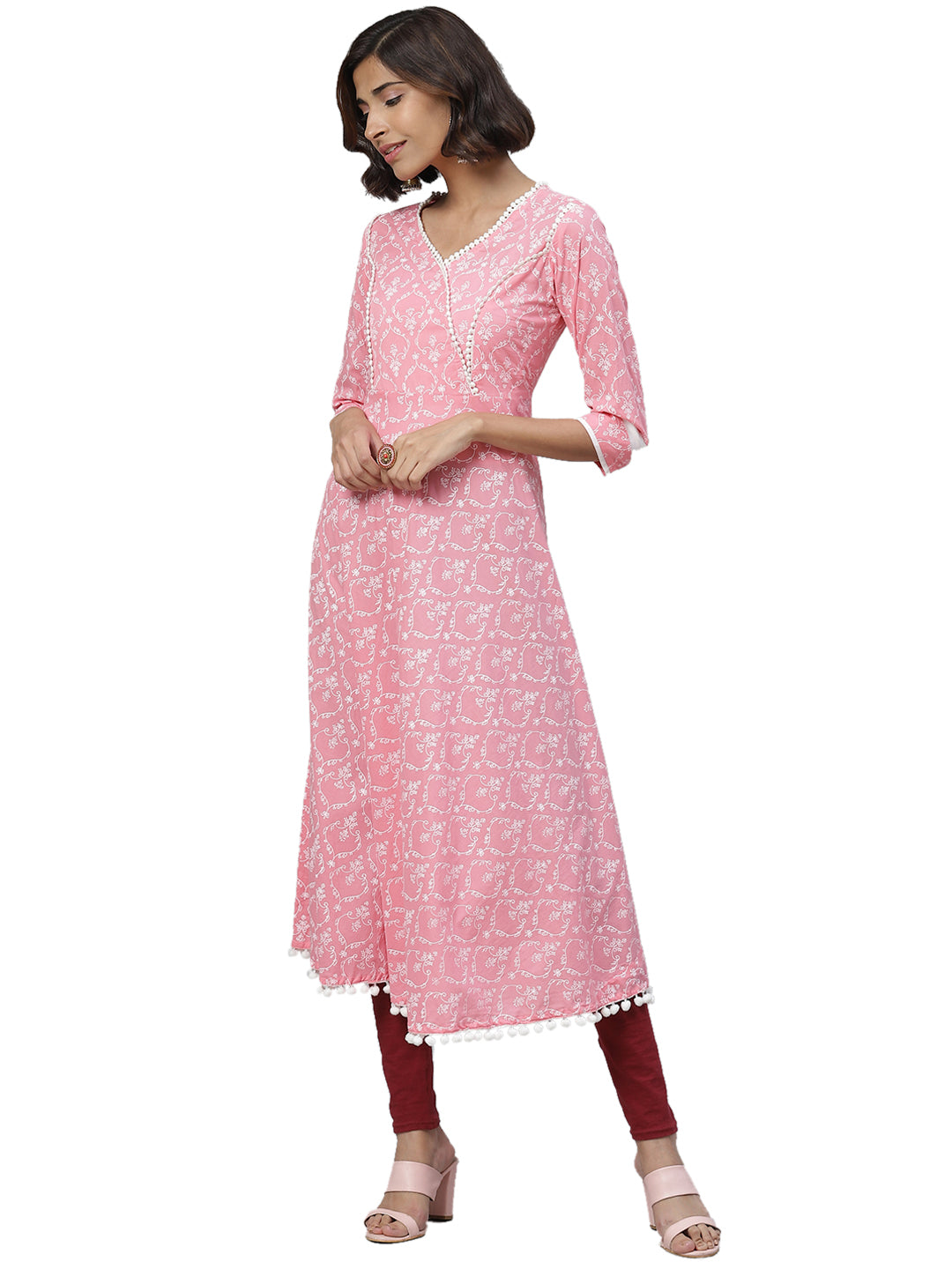 Cotton Floral Print Anarkali Kurta (PINK)