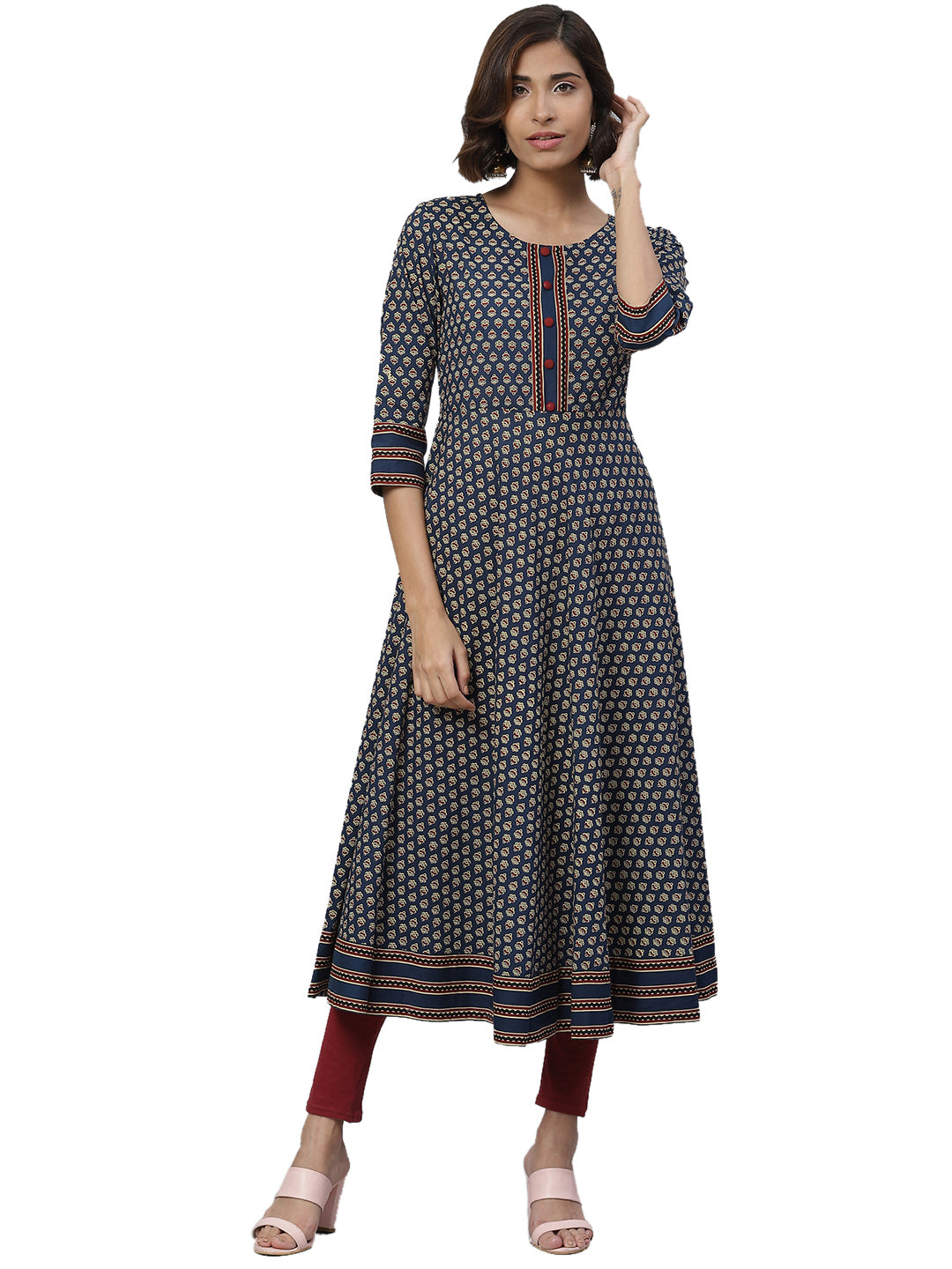 Cotton Floral Print Anarkali Kurta (BLUE)