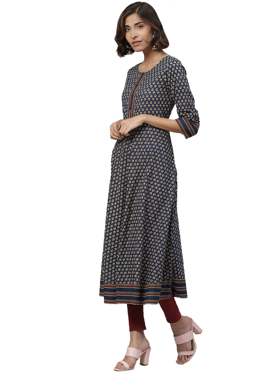 Cotton Floral Print Anarkali Kurta (BLUE)