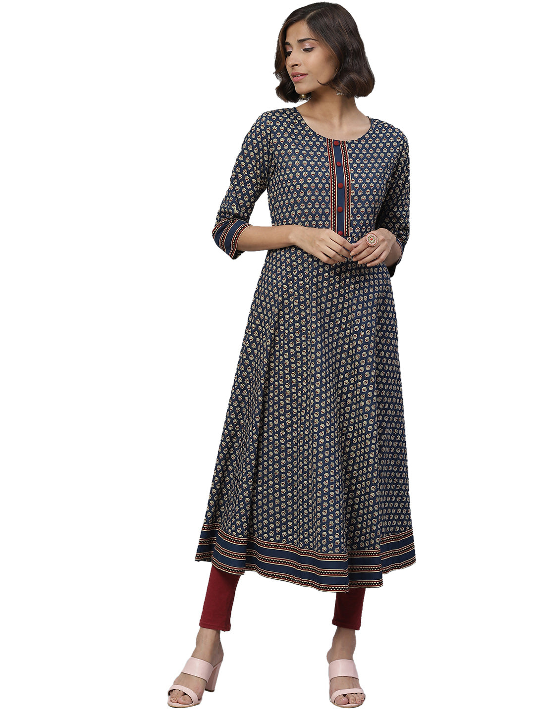 Cotton Floral Print Anarkali Kurta (BLUE)
