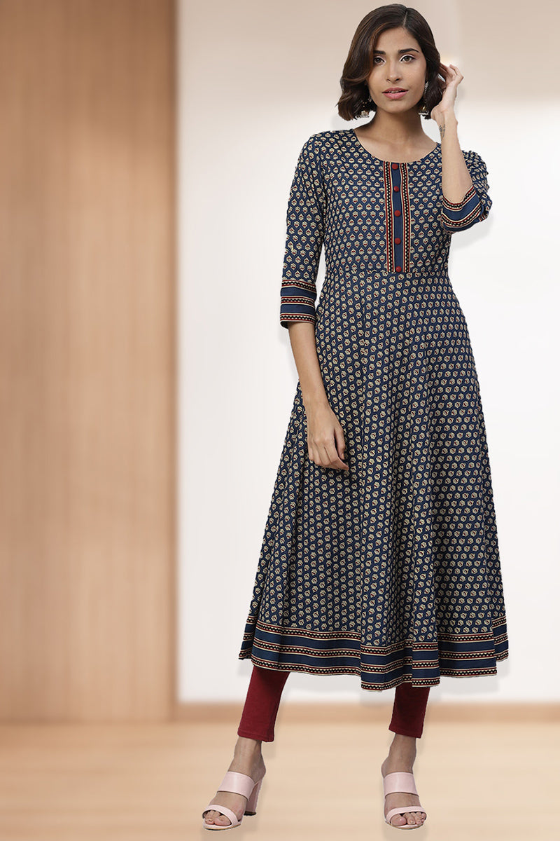 Cotton Floral Print Anarkali Kurta (BLUE)