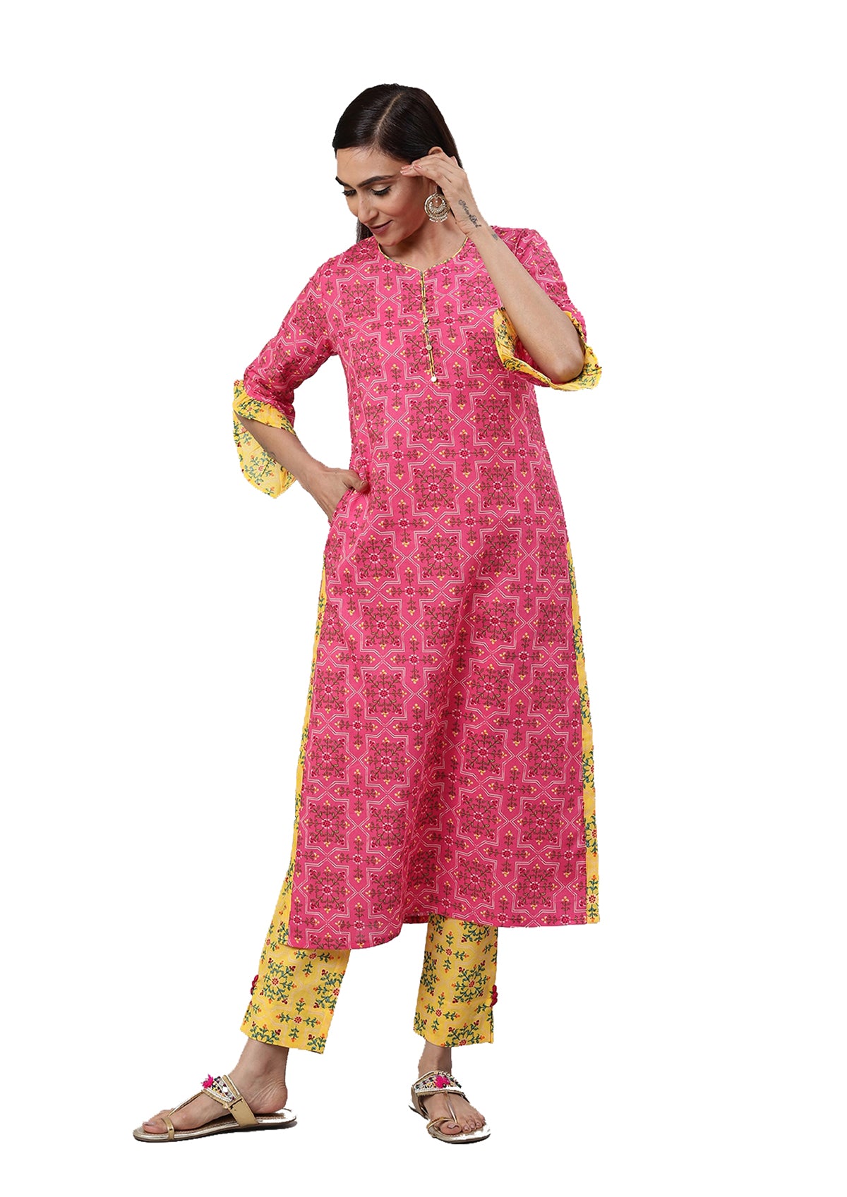 Rayon Floral Printed Straight Kurta & Pant Set (Pink & Yellow)