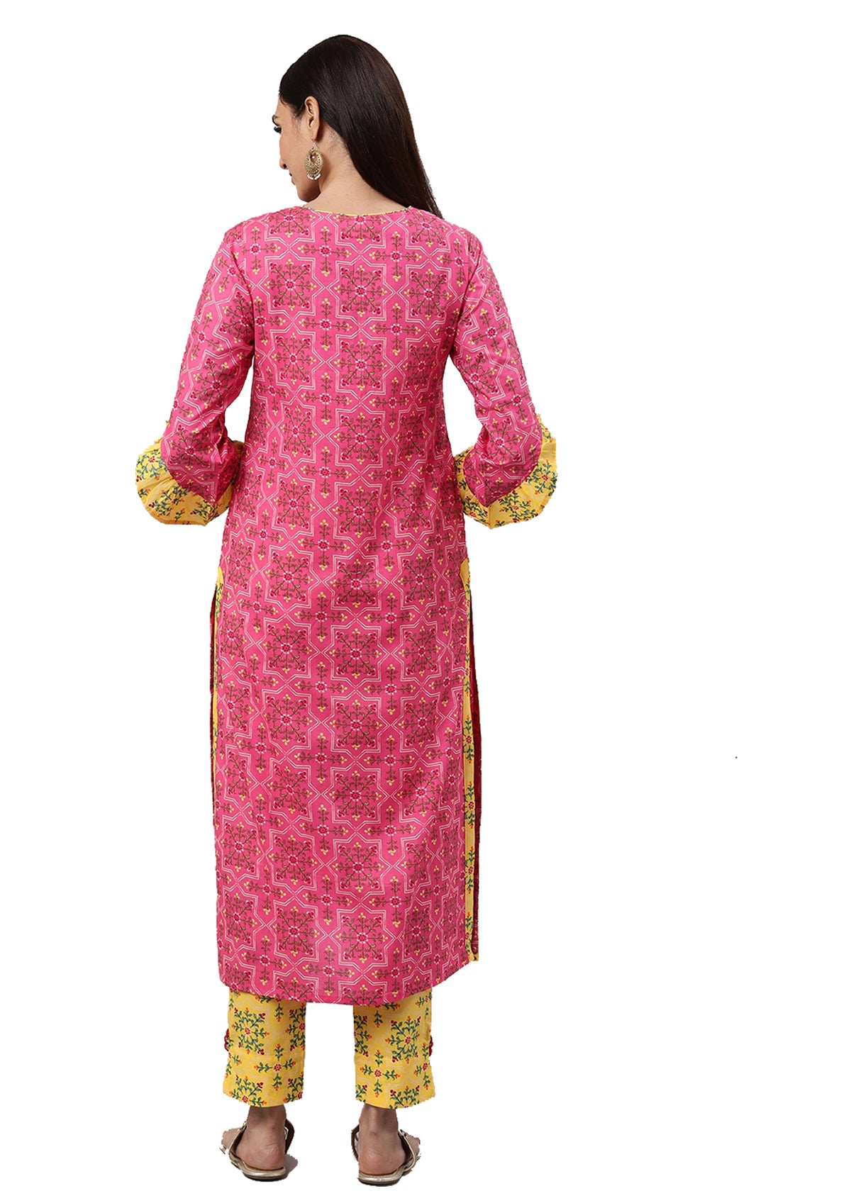 Rayon Floral Printed Straight Kurta & Pant Set (Pink & Yellow)