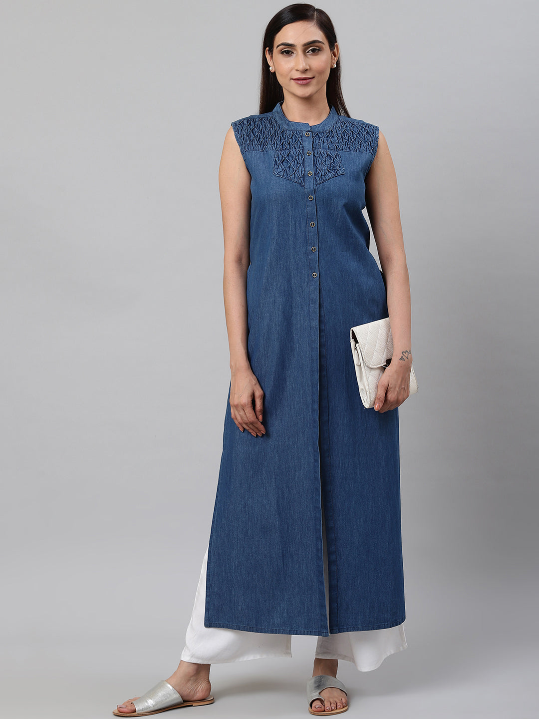 Denim Pintucks Sleeveless Straight Kurta