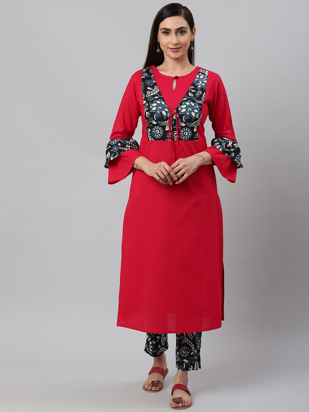 Cotton Jacket Style Straight Kurta & Pant Set (Pink & Black)