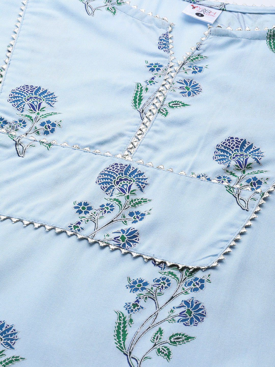 Cotton Floral Printed Straight Kurta with Pant (Sky Blue)