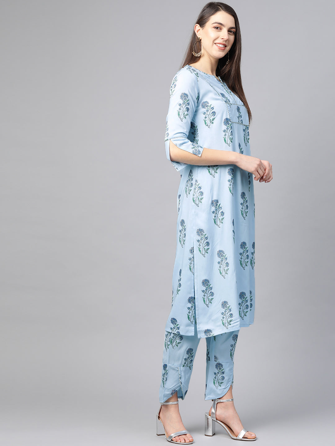 Cotton Floral Printed Straight Kurta with Pant (Sky Blue)