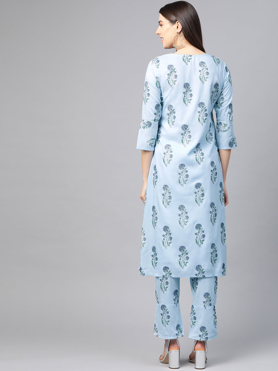 Cotton Floral Printed Straight Kurta with Pant (Sky Blue)