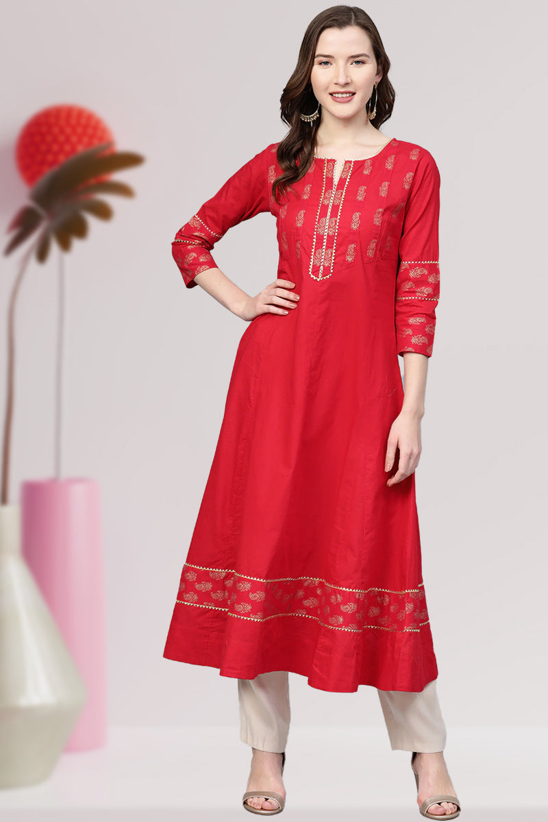 Cotton Floral Printed Anarkali Kurta (red)