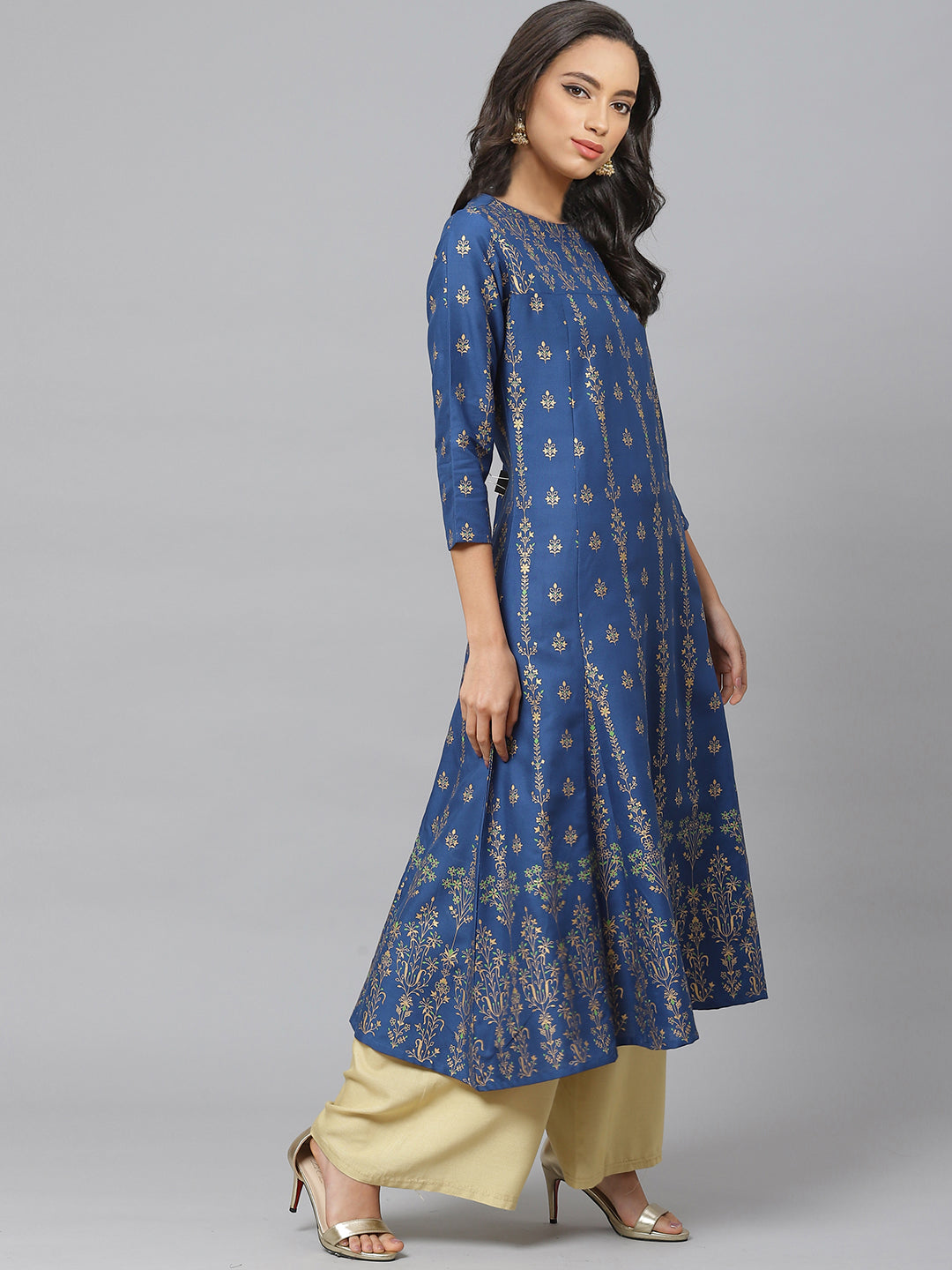 Rayon Floral Print Anarkali Kurta (Blue)