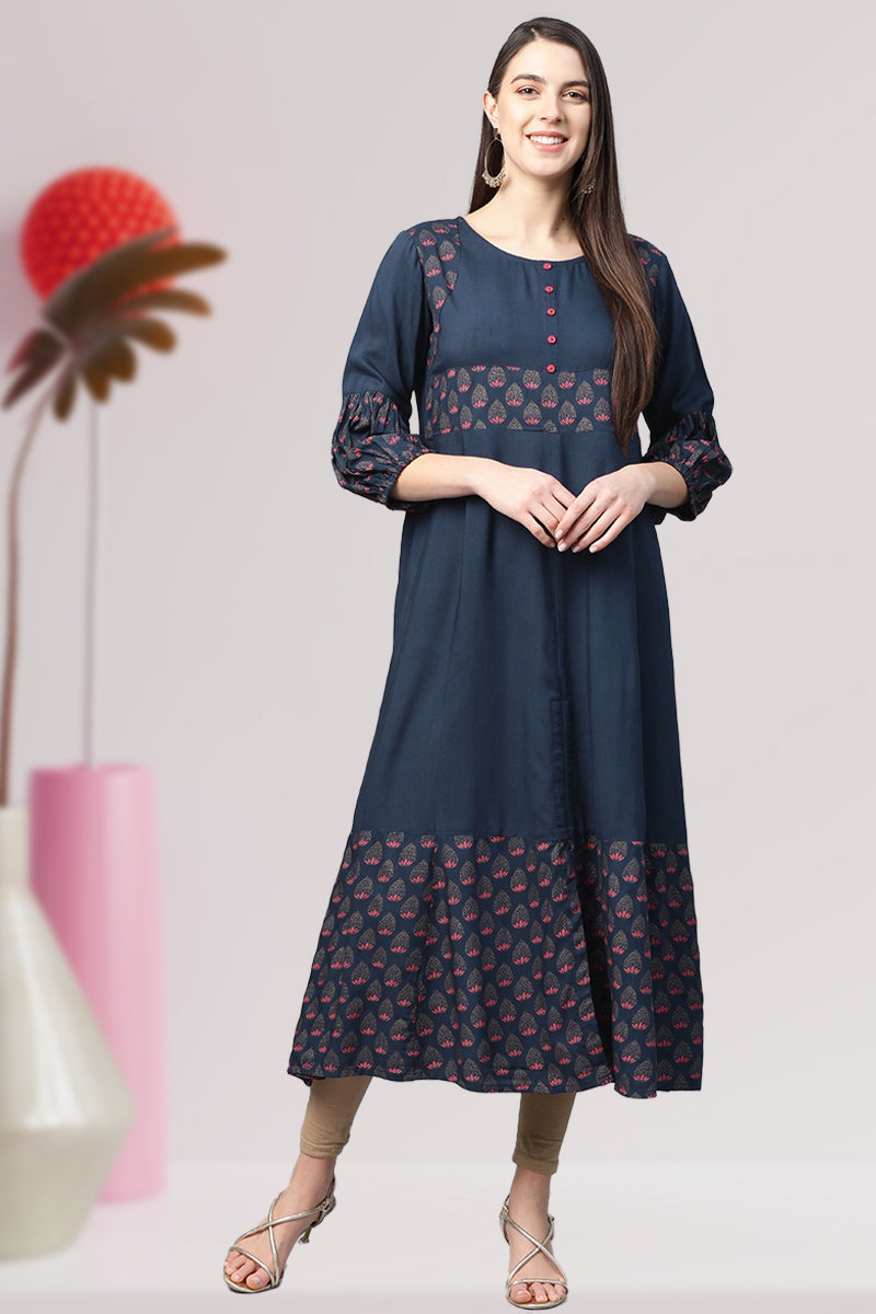 Rayon Floral Printed Anarkali Kurta (BLUE)