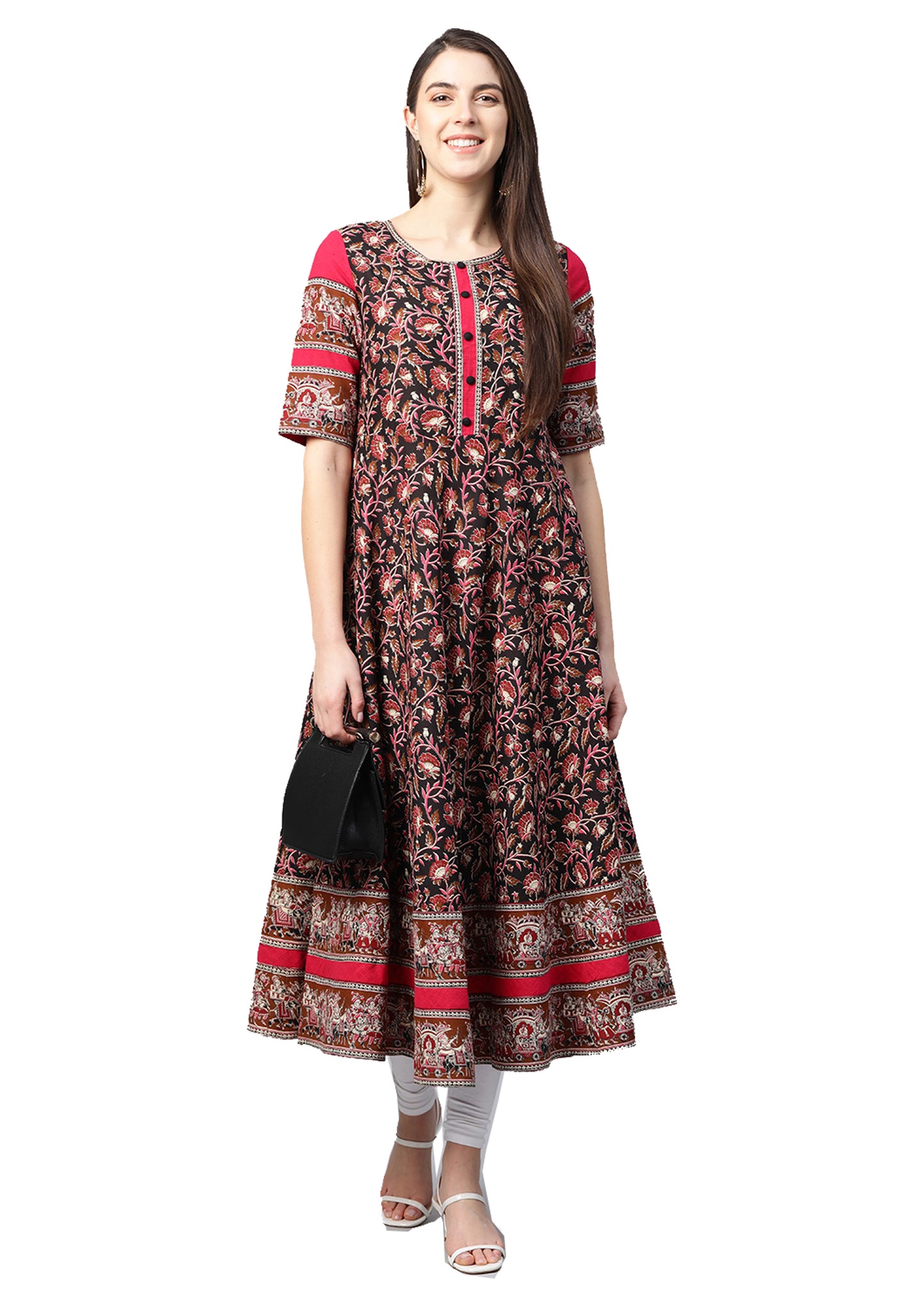 Cotton Floral Printed Anarkali Kurta (BLACK)