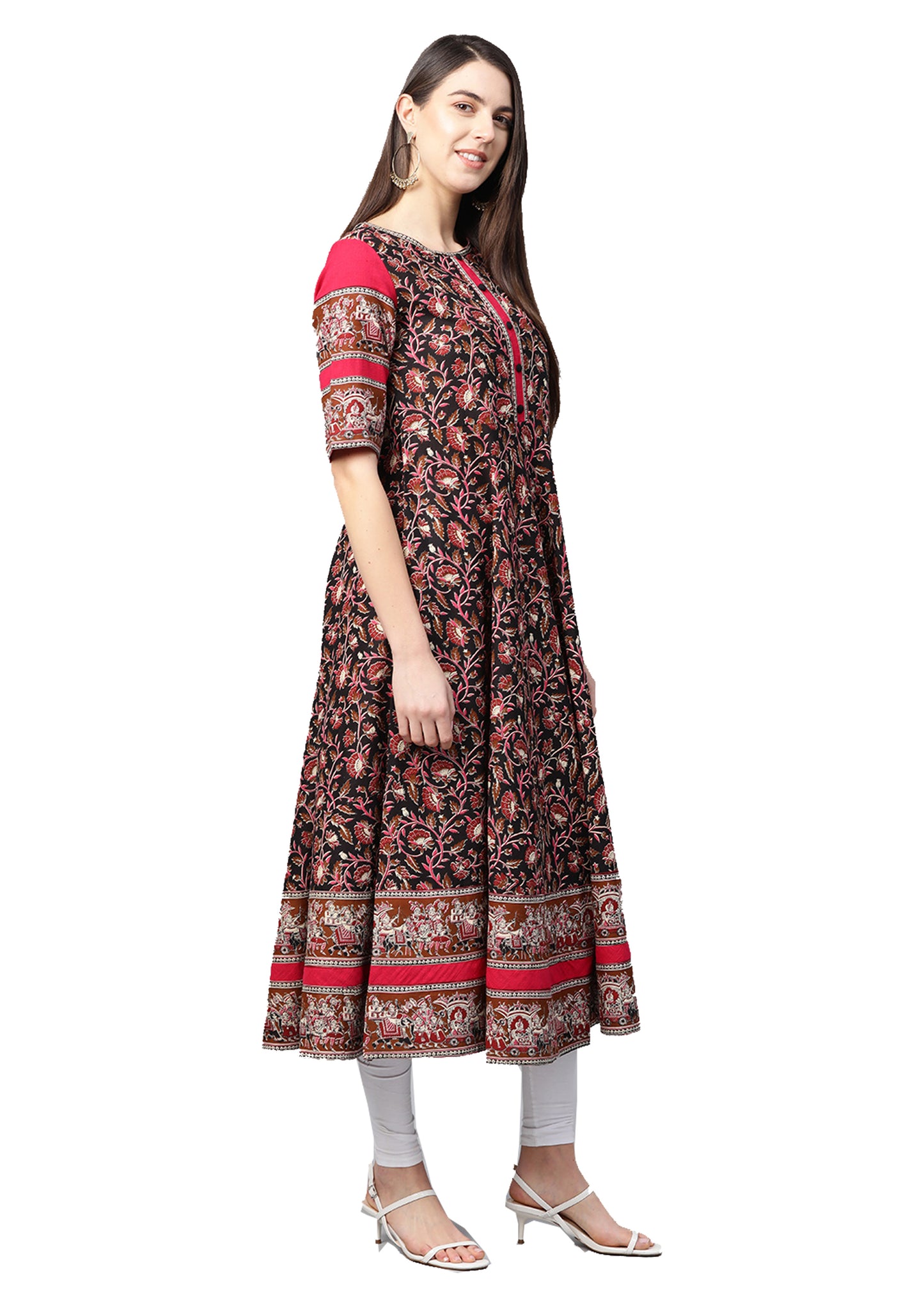 Cotton Floral Printed Anarkali Kurta (BLACK)