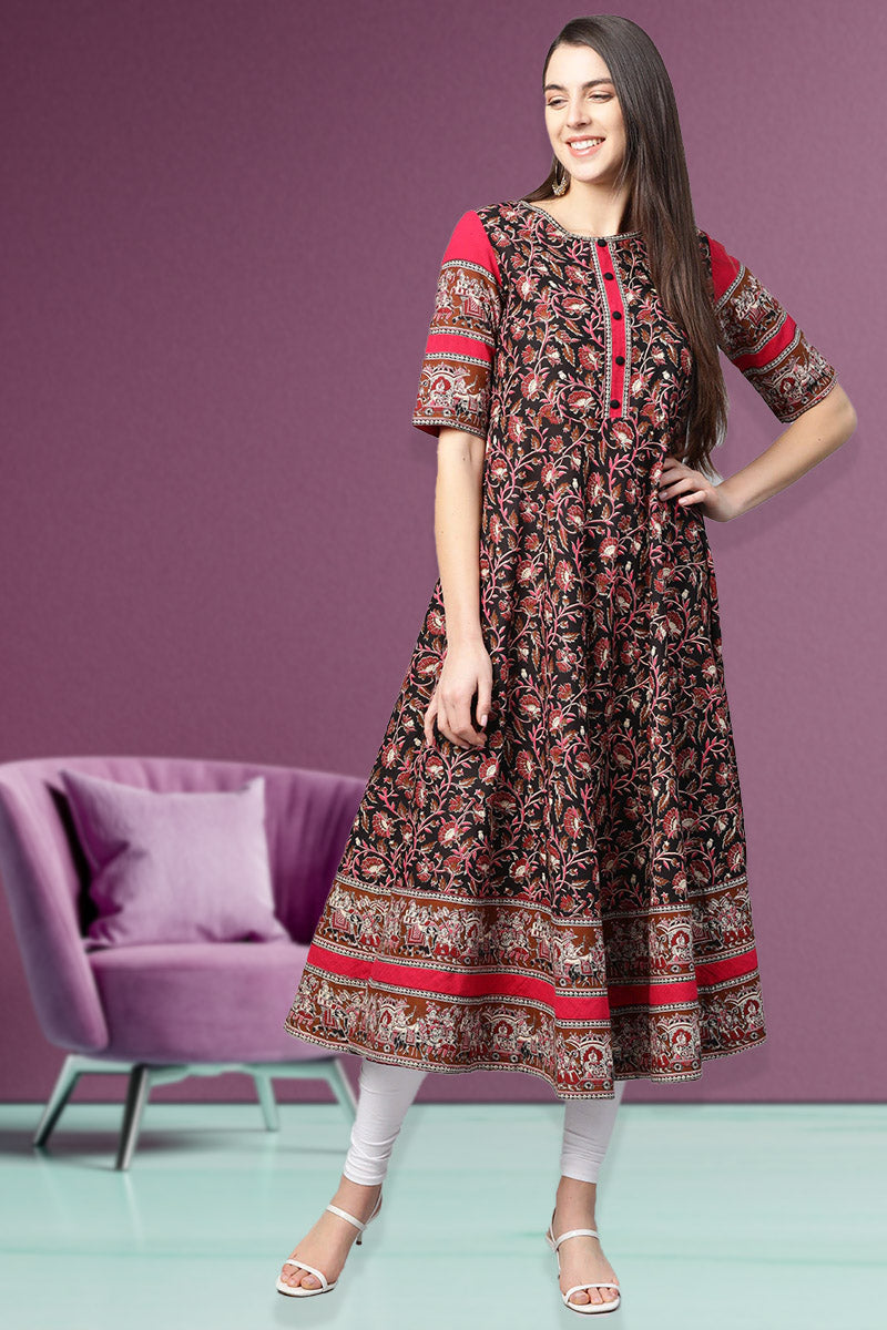 Cotton Floral Printed Anarkali Kurta (BLACK)