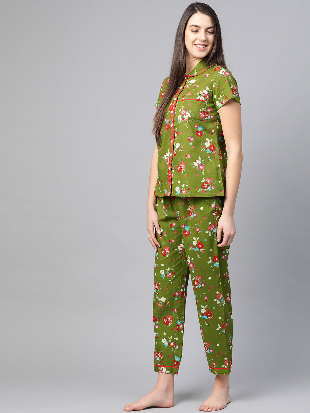 women floral printed night suit green