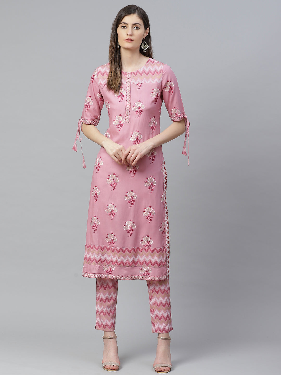 women rayon floral printed straight kurta with pant pink