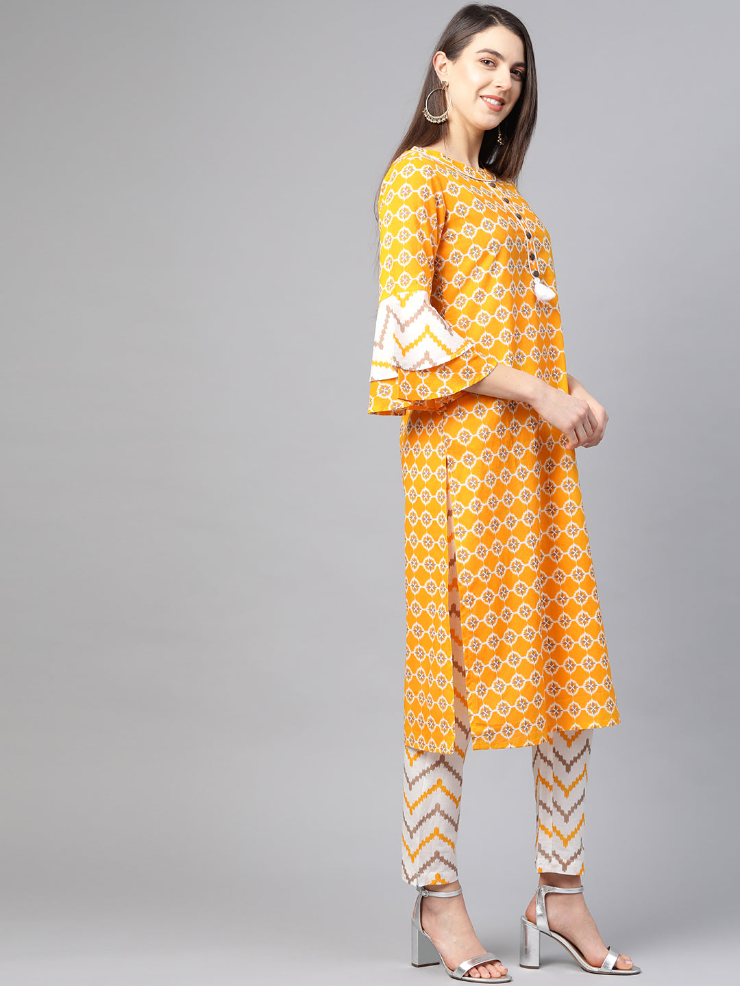 Cotton Floral Printed Straight Kurta with Pant (Mustard)