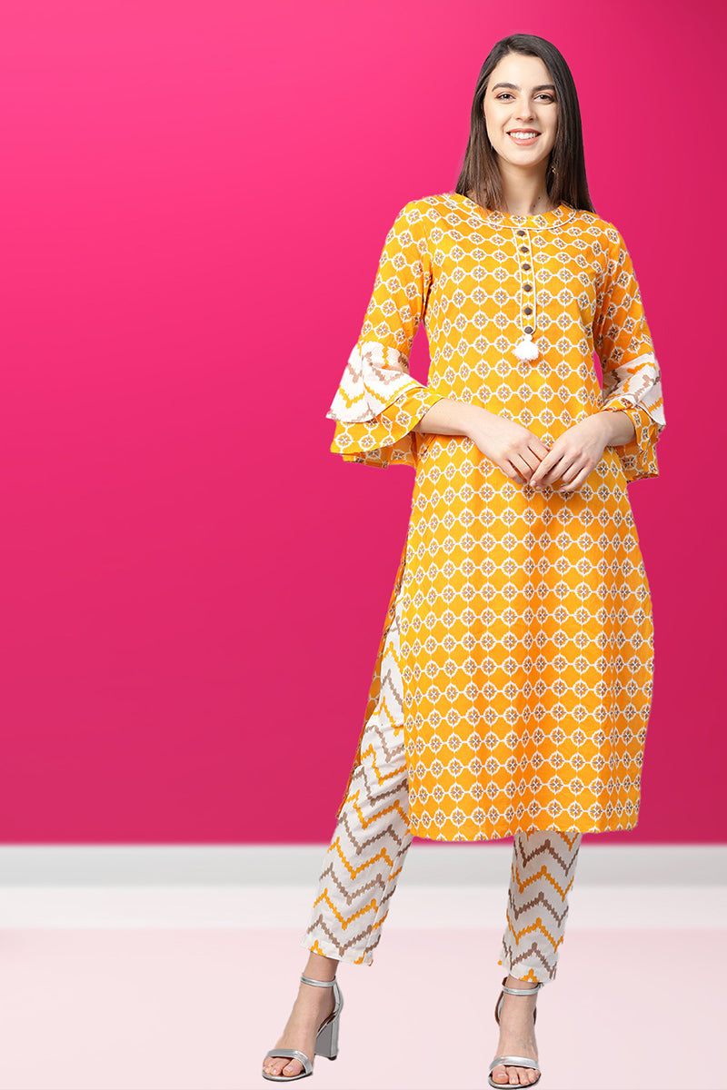 Cotton Floral Printed Straight Kurta with Pant (Mustard)