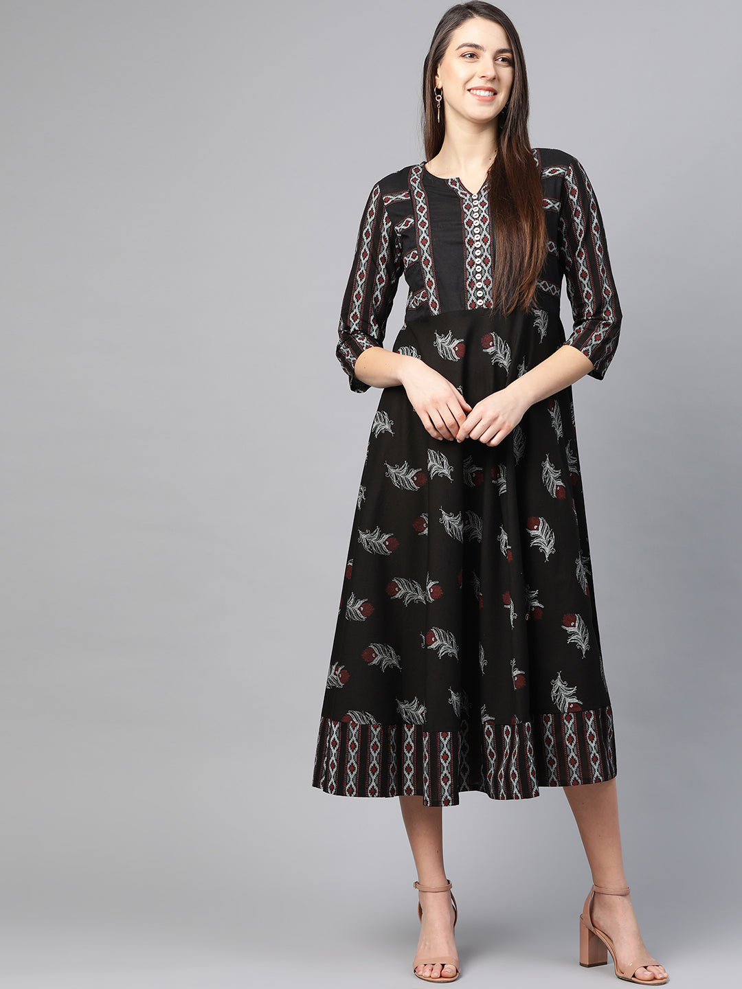 Maternity Wear Floral Printed Anarkali Dress (Black)