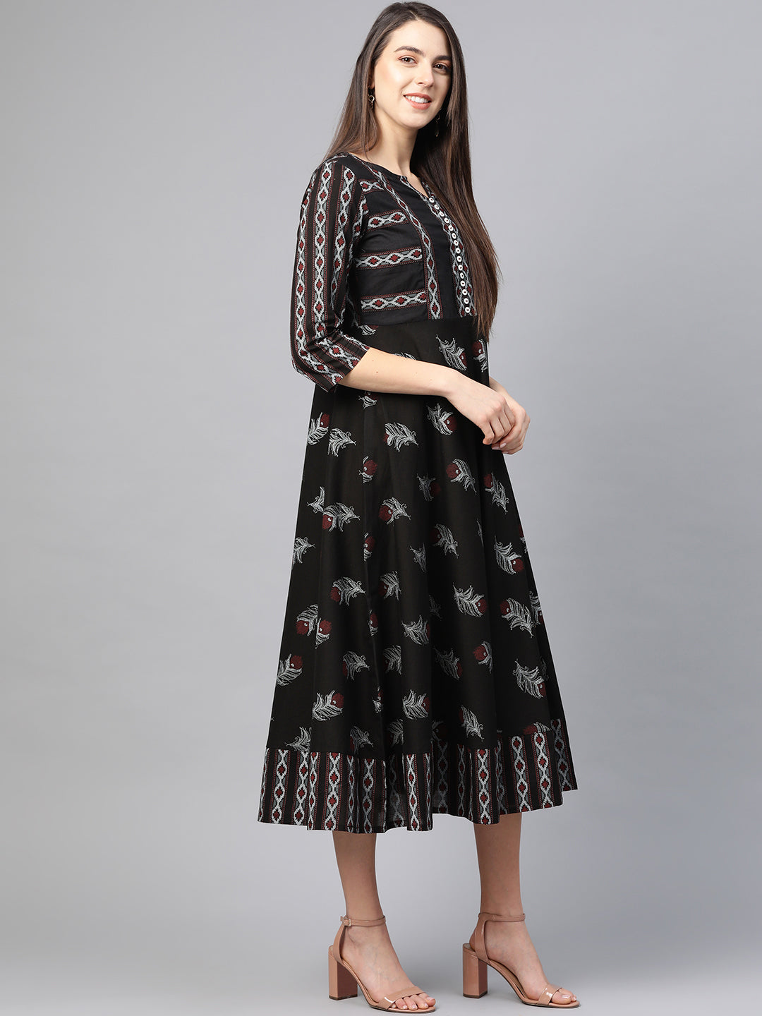 Maternity Wear Floral Printed Anarkali Dress (Black)