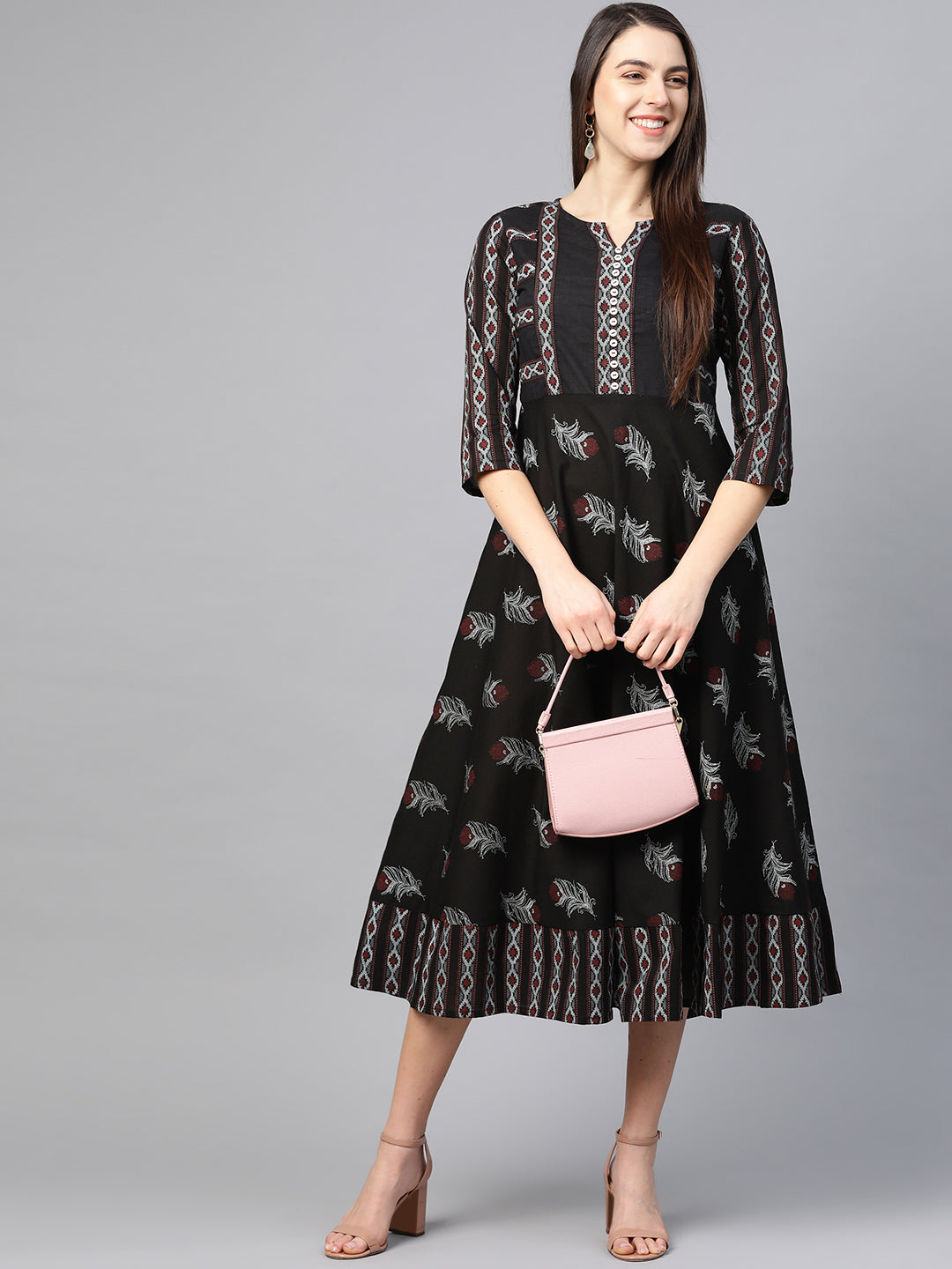 Maternity Wear Floral Printed Anarkali Dress (Black)