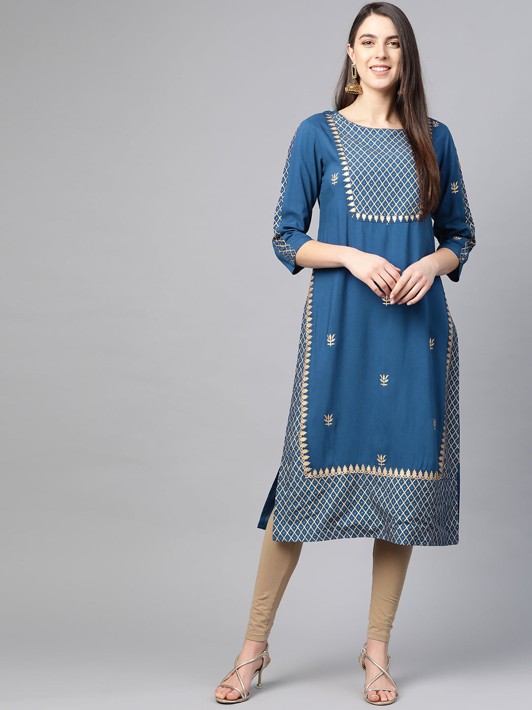 Rayon Golden Floral Printed Straight Kurta