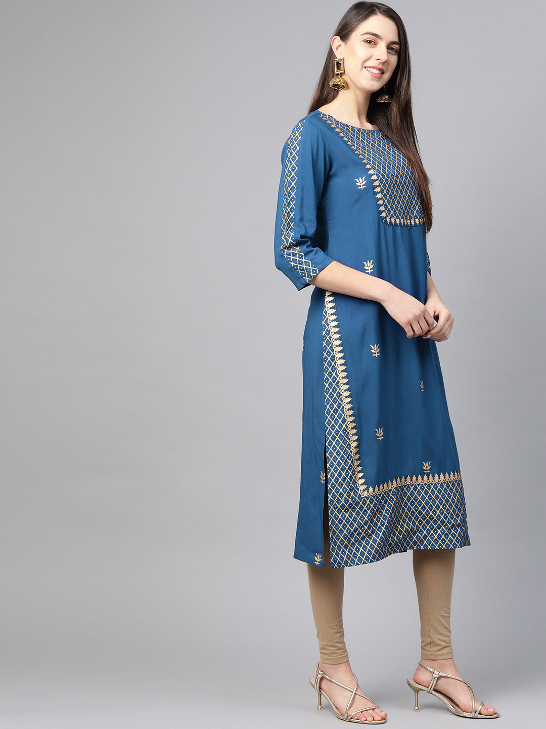 Rayon Golden Floral Printed Straight Kurta