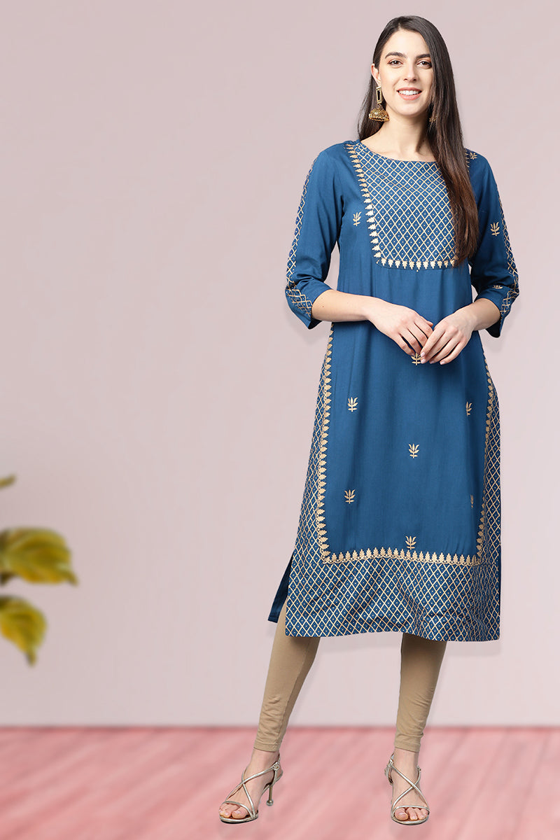 Rayon Golden Floral Printed Straight Kurta