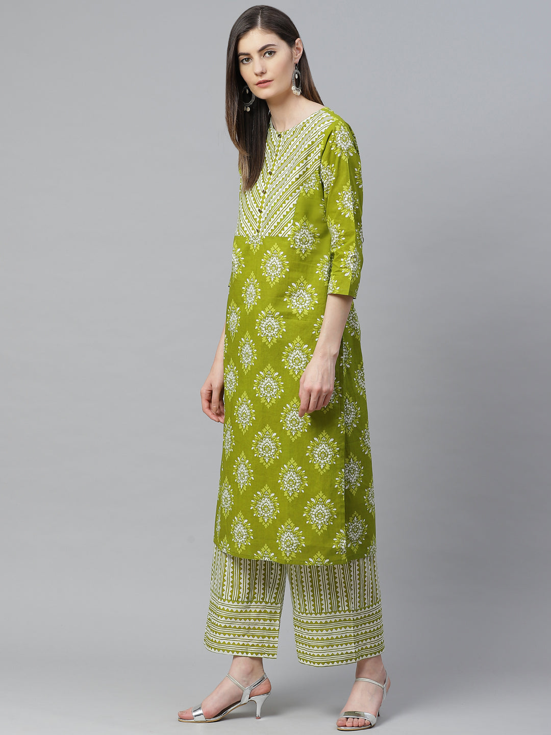 Cotton Floral Printed Straight Kurta with Palazzo (Green)